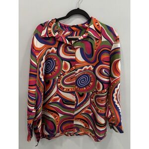 Clothes 1X 100% Silk Colorful Paisley Retro Button Front Blouse Top Maximalist